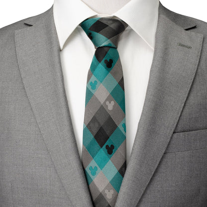 Disney Mickey Mouse Silhouette Teal Plaid Men's Tie