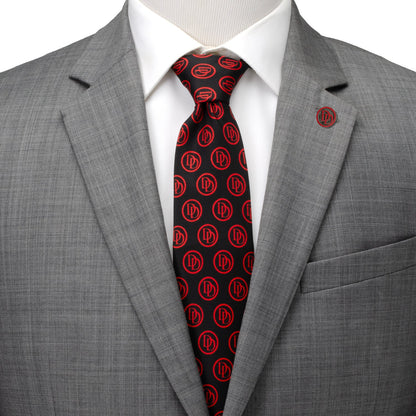Marvel Daredevil Men’s Black Tie and Embossed Logo Lapel Pin Gift Set