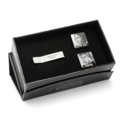 Star Wars Princess Leia and Han Solo "I Love You / I Know" Cufflinks with Hidden Message Tie Bar Gift Set